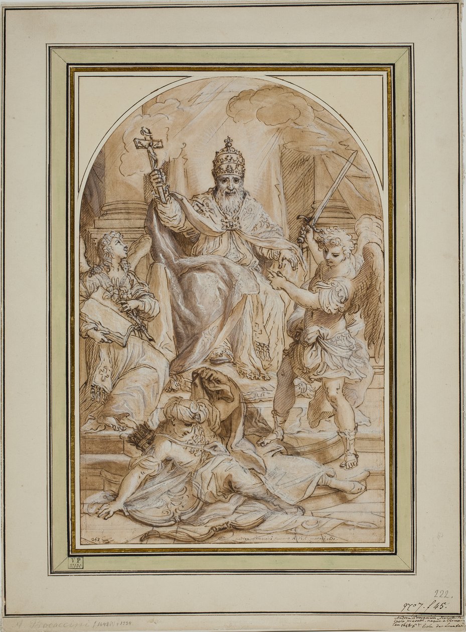 Ein Papst auf dem Thron, flankiert von einem Engel mit einem Buch und St. Michael, der einen Türken erschlägt von Andrea Proccaccini