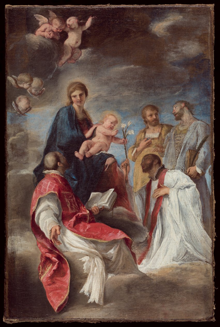 Die Madonna und das Kind mit den Heiligen Ignatius von Loyola, Franz Xaver, Cosmas und Damian von Andrea Sacchi
