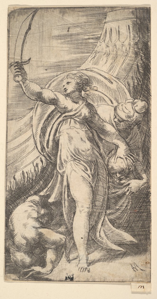 Judith mit erhobenem Schwert in der rechten Hand, den Kopf von Holofernes in den Sack legend (ca. 1542-45) von Andrea Schiavone