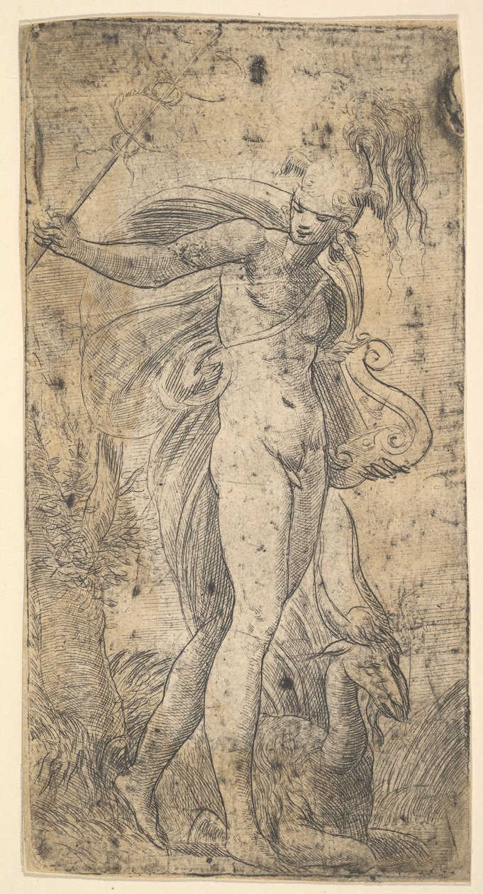 Merkur steht und hält einen Caduceus in seiner rechten Hand, eine Lyra in seiner linken von Andrea Schiavone