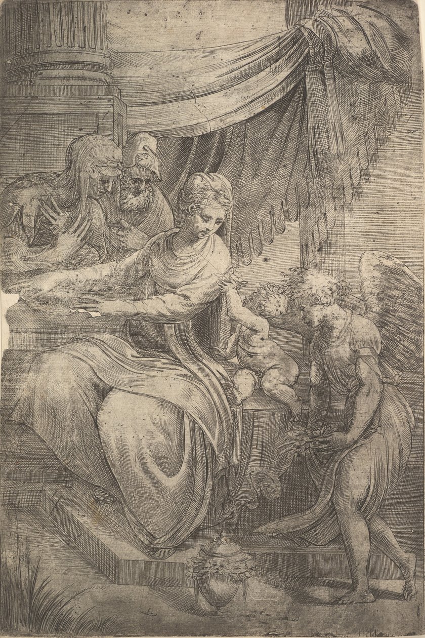 Die Heilige Familie, ein Engel mit Blumen nähert sich von rechts, ca. 1550-53 von Andrea Schiavone