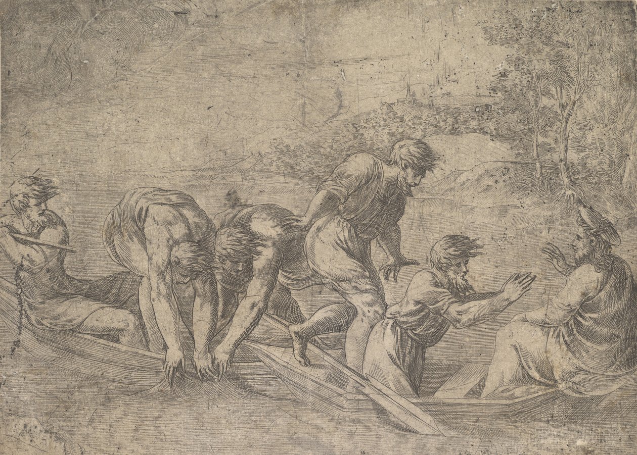 Der wunderbare Fischfang, Christus rechts begleitet von Aposteln, ca. 1548-52 von Andrea Schiavone