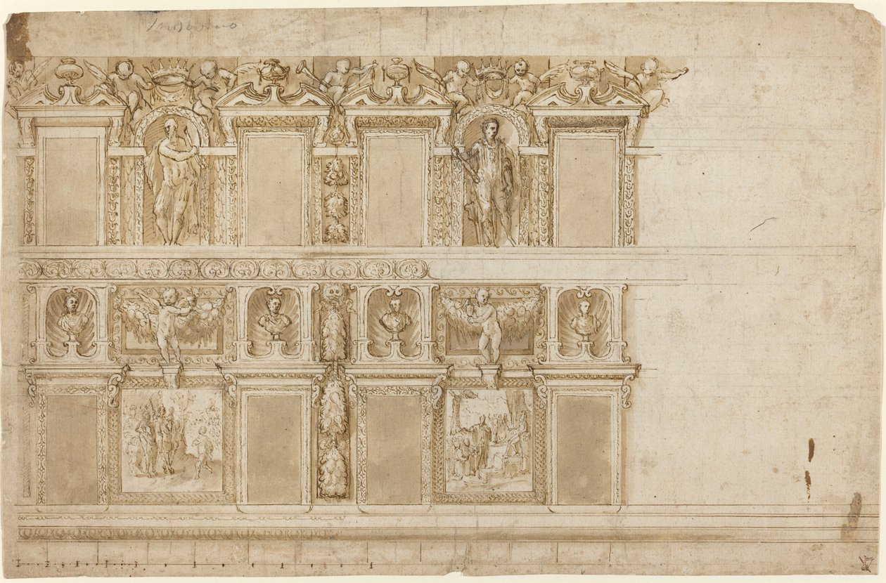 Prunkvolle Wand mit Skulpturen und Gemälden verziert von Andrea Semino