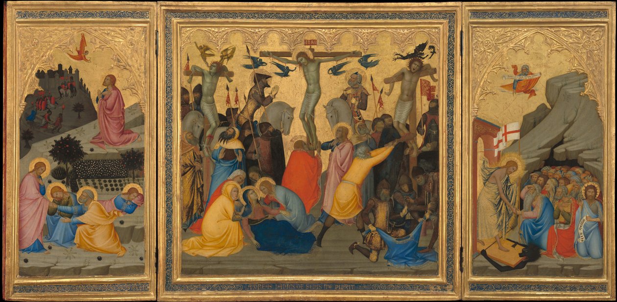 Szenen aus der Passion Christi: Die Agonie im Garten, die Kreuzigung und der Abstieg in die Vorhölle (gesamtes Triptychon) von Andrea Vanni