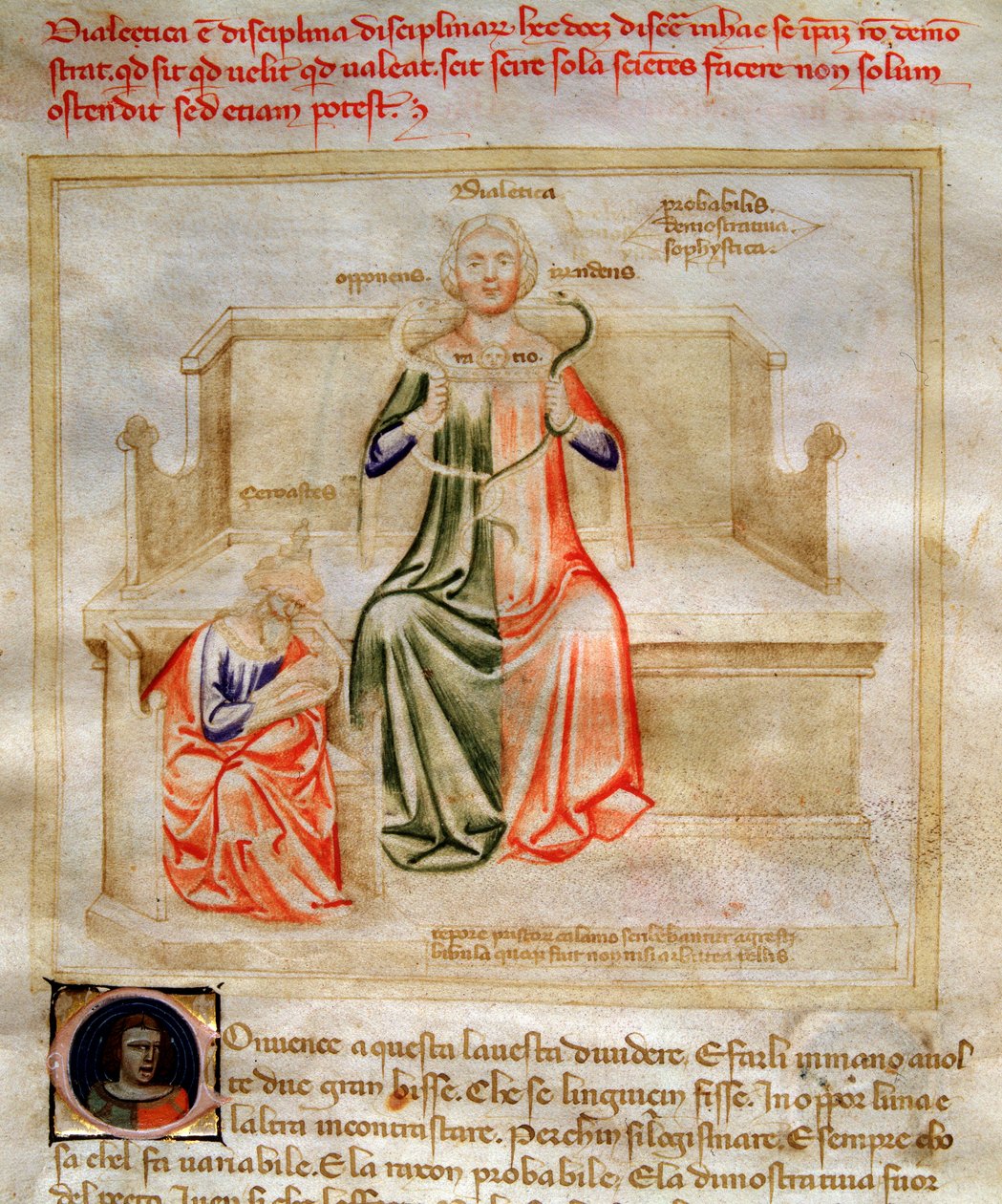 Allegorie der Dialektik in „Chansonne des sept Vertus et des sept Arts liberales destinee a Bruzio Visconti“ (La Canzone delle Virtu e delle Scienze) von Bartolomeo di Bartoli. Aquarell von Andrea di Bartoli (aktiv zwischen 1358 und 1368) von Andrea de Bartoli