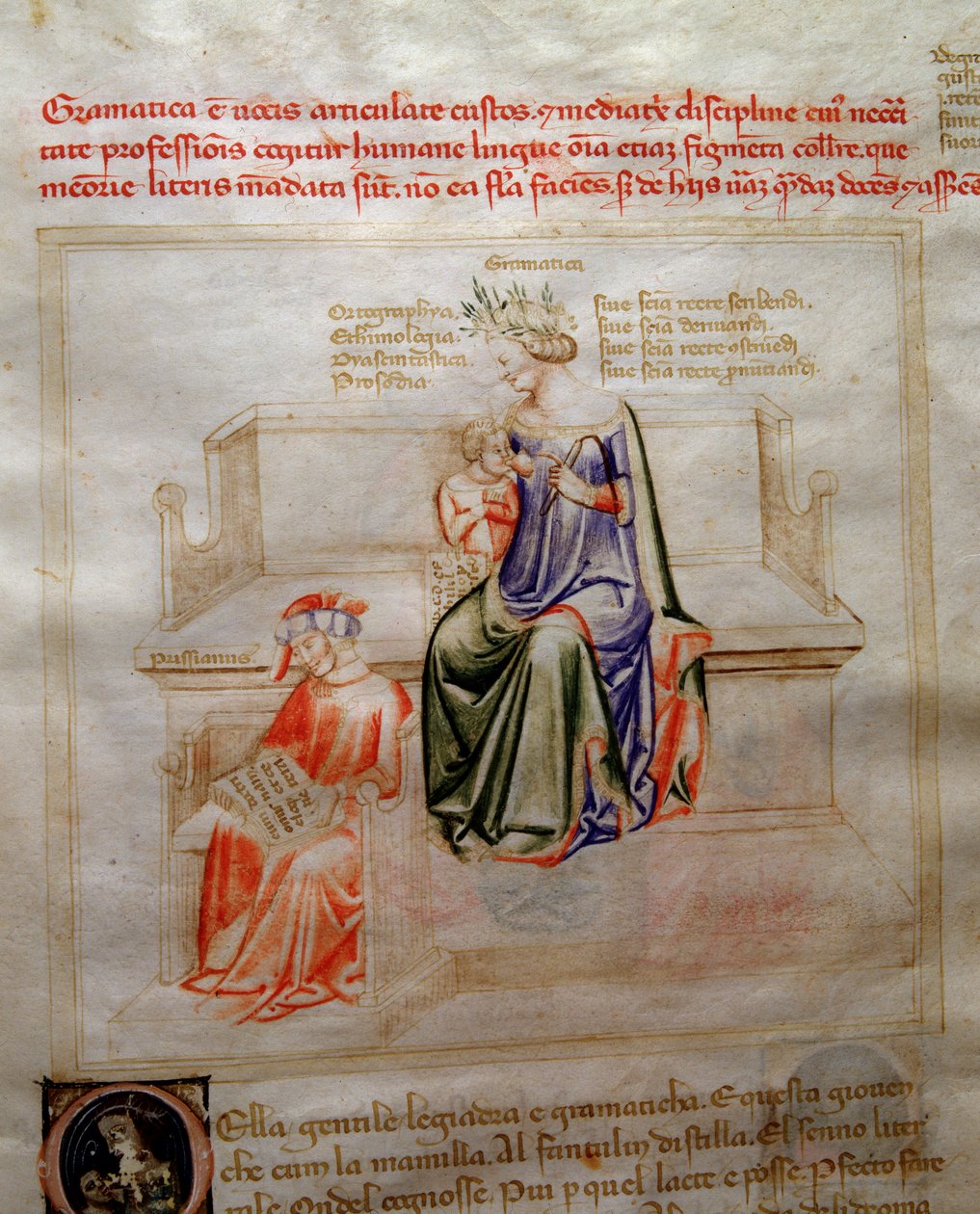 Allegorie der Grammatik in „Chansonne des sept Vertus et des sept Arts liberales destinee a Bruzio Visconti“ (La Canzone delle Virtu e delle Scienze) von Bartolomeo di Bartoli. Aquarell von Andrea di Bartoli (aktiv zwischen 1358 und 1368) von Andrea de Bartoli