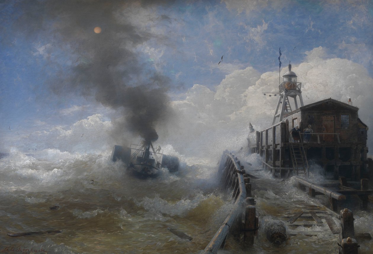 Ein Schlepper verlässt den Hafen von Ostende bei Flut von Andreas Achenbach