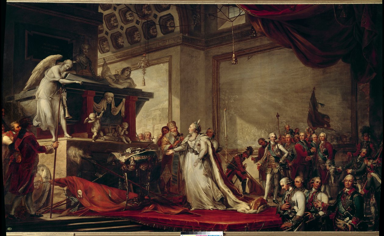 Zarin Katharina II. von Russland legt die von den Türken erbeuteten Trophäen vor dem Grab von Peter dem Großen nieder von Andreas Caspar Hune