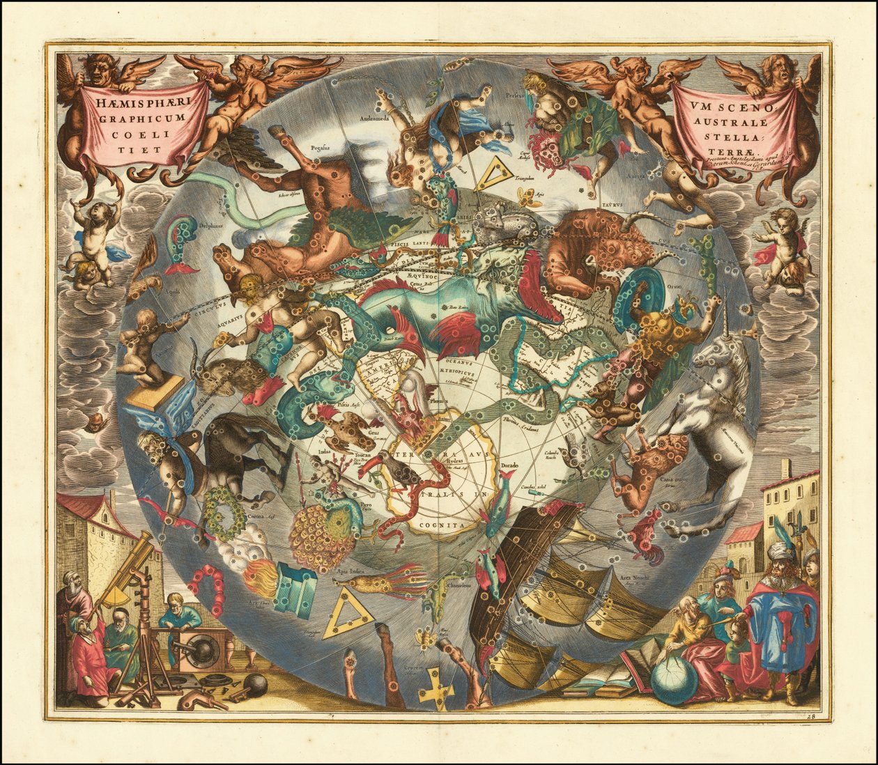 1660 Himmelskarte des Südhimmels, die die Sternbilder der Südhalbkugel illustriert von Andreas Cellarius