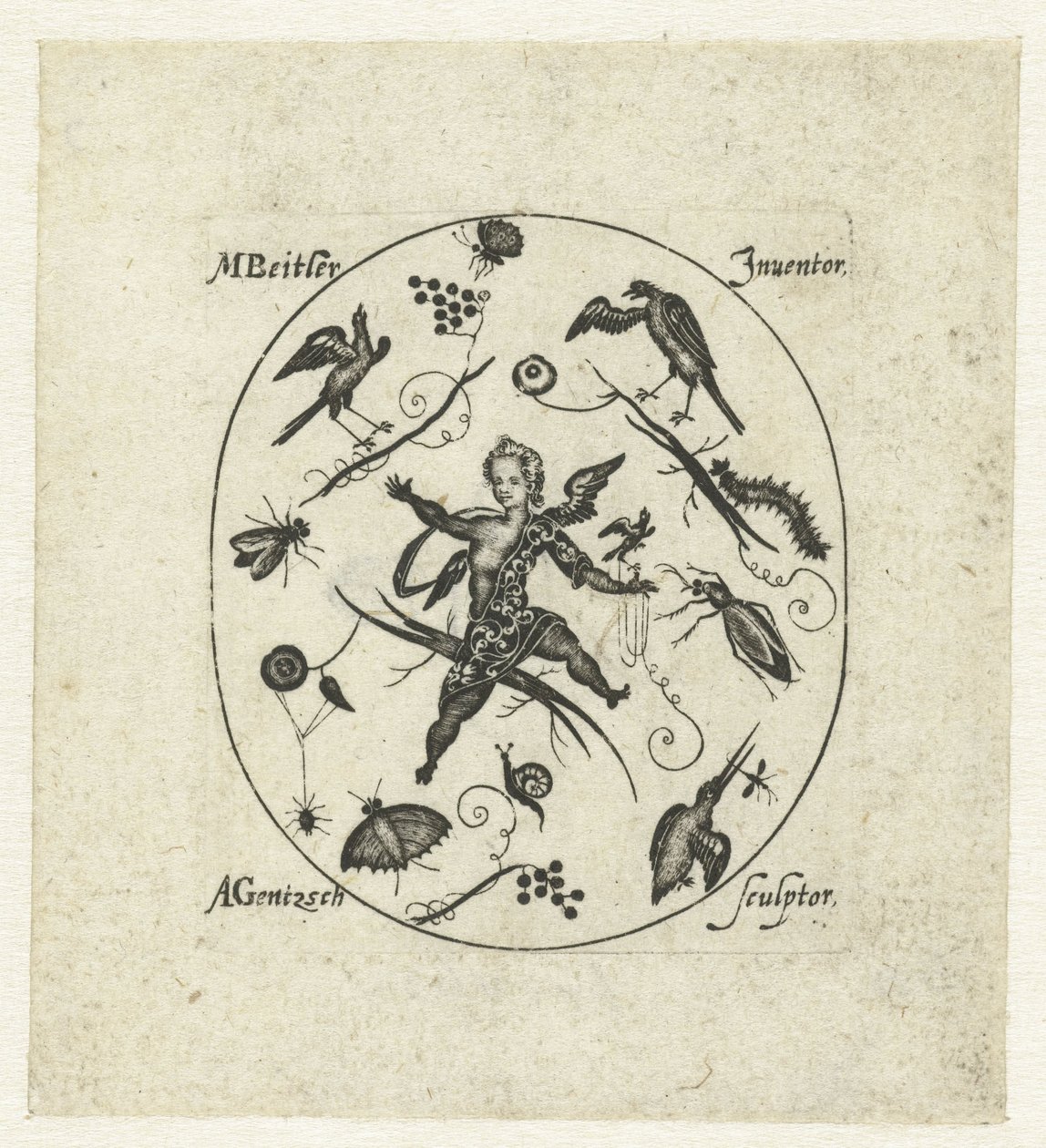 Oval mit Putto umgeben von Vögeln, Schmetterlingen und Insekten von Andreas Gentzsch
