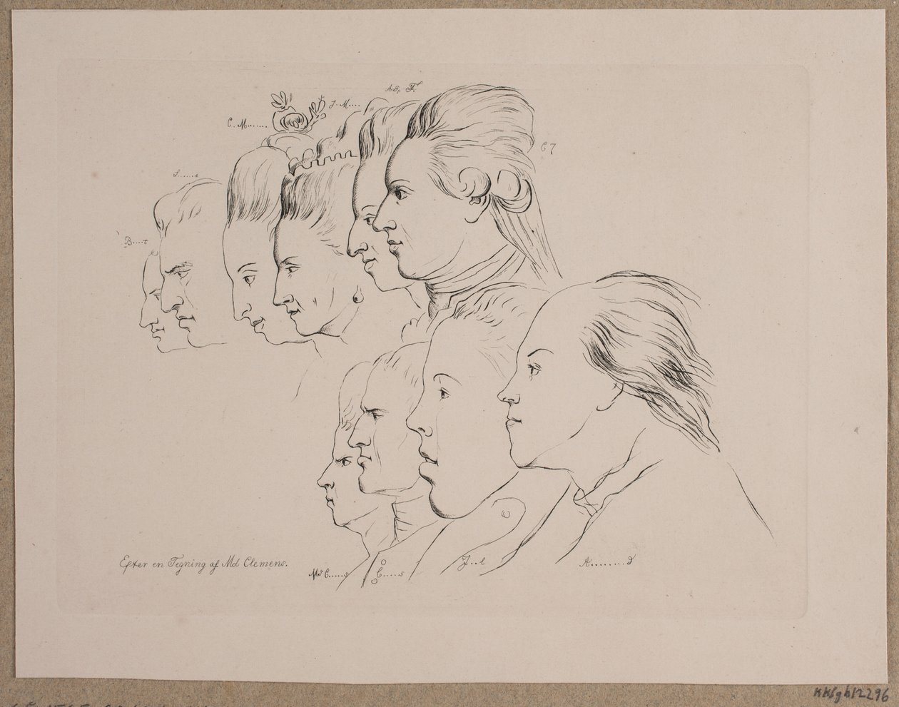 10 Porträts: Enevold Brandt, Johann Friedrich Struensee, Caroline Mathilde, Julieane Marie, Arveprins Frederik, Christian VII, Marie Jeanne Clemens, J. F. Clemens, Jens Juel und Nicolai Abildgaard von Andreas Peter Madsen