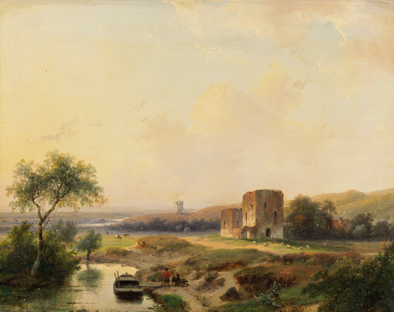 Flusslandschaft bei Haarlem mit Windmühle und den Ruinen von Brederode von Andreas Schelfhout