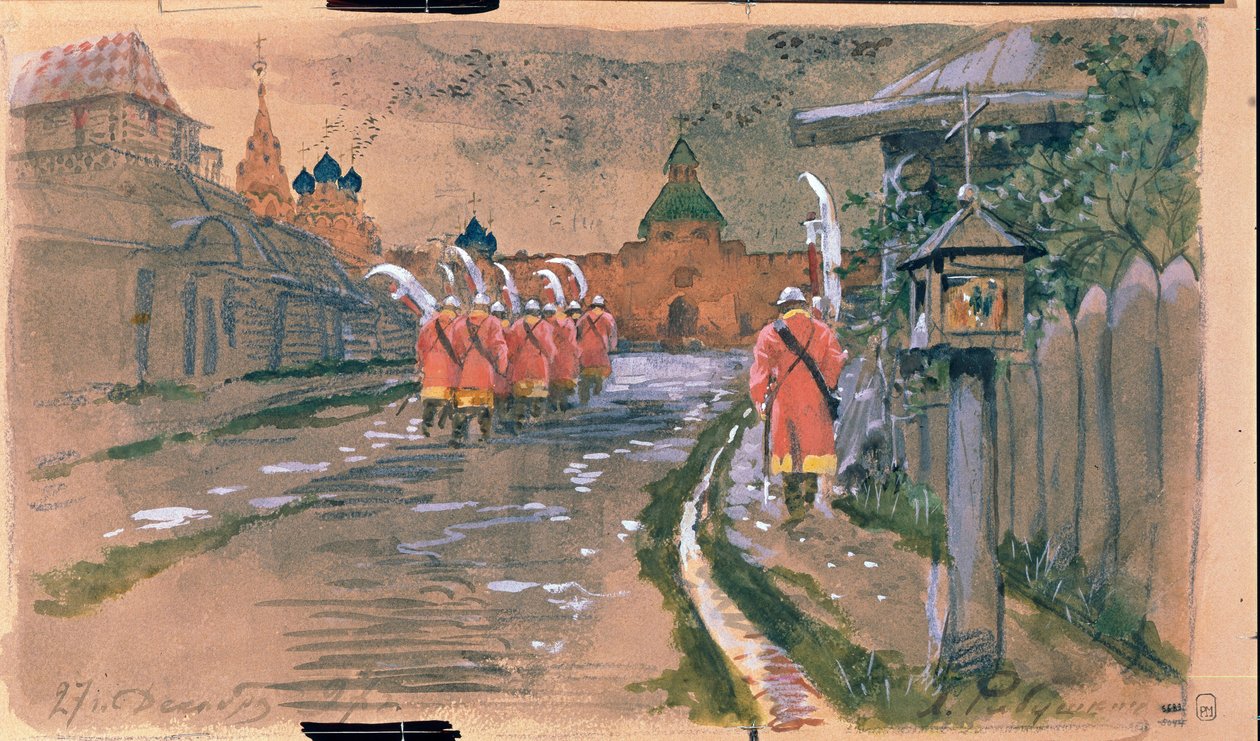 Strelets-Patrouille am Ilyinsky-Tor im alten Moskau von Andrei Petrovich Ryabushkin