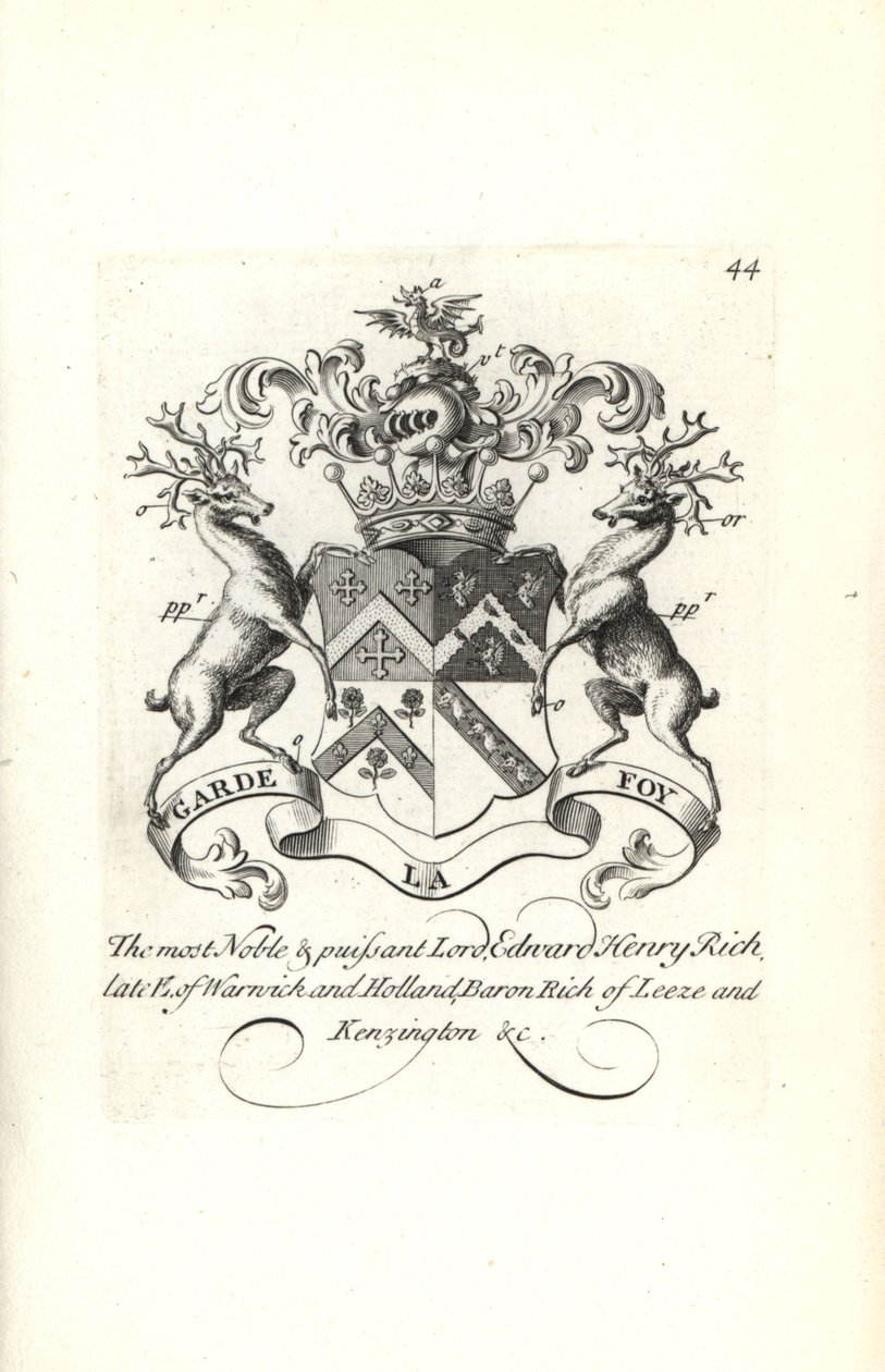 Wappen und Wappenschild von Lord Edward Henry Rich, 7. Earl of Warwick und Holland, Baron Rich von Leeze und Kensington von Andrew Johnston