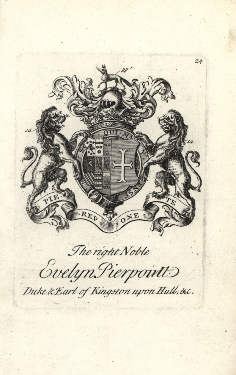 Wappen und Wappenschild des hochadeligen Evelyn Pierpoint, Herzog und Graf von Kingston upon Hull von Andrew Johnston
