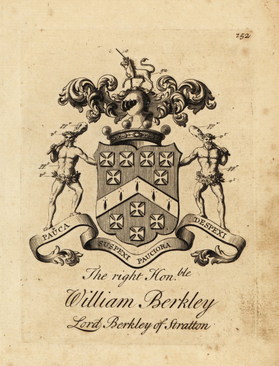 Wappen des hochverehrten William Berkley, Lord Berkley of Stratton, 4. Baron Berkeley of Stratton, gestorben 1741 von Andrew Johnston