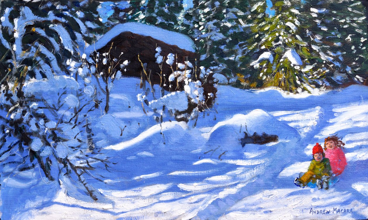 Zwei auf einem Schlitten, The Orchard, Morzine von Andrew Macara
