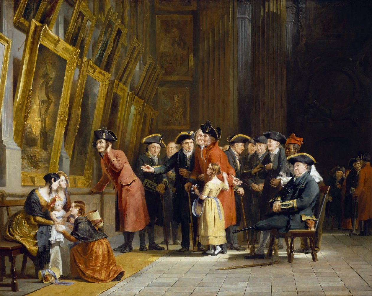 Ein Treffen von Veteranen der britischen Armee und Marine, die unter Horatio Nelson (1758-1805) dienten: Chelsea-Bewohner (in Rot gekleidet) und Greenwich Hospital (in Blau gekleidet) besuchen die Marine-Gemäldegalerie im Greenwich Hospital von Andrew Morton