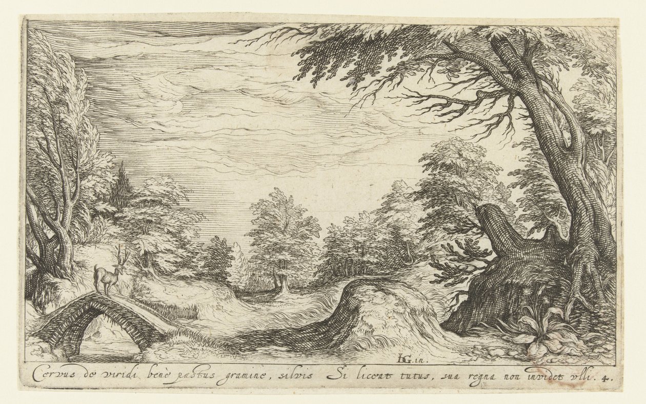 Landschaft mit einem Hirsch auf einer Brücke von Andries Jacobsz. Stock