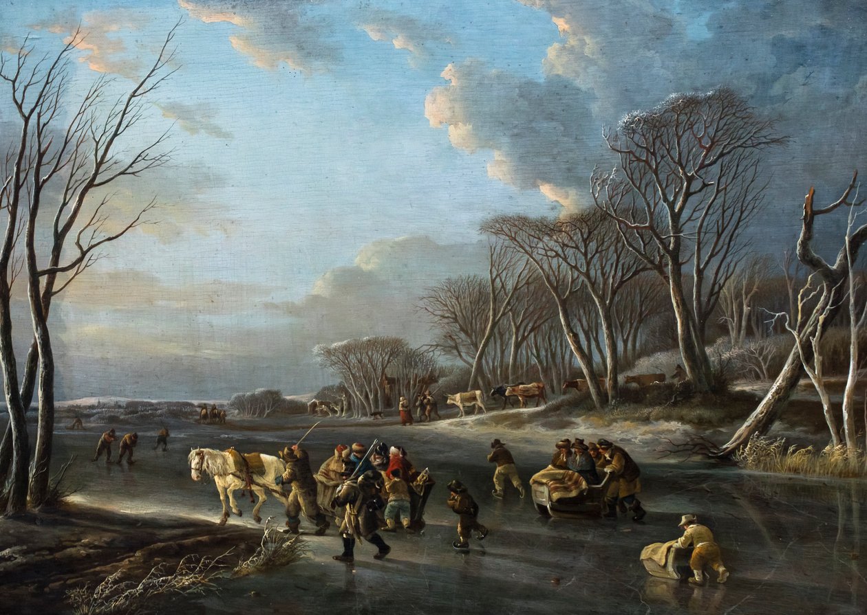 Reisende in einem Schlitten auf einem Fluss in Holland von Andries Vermeulen