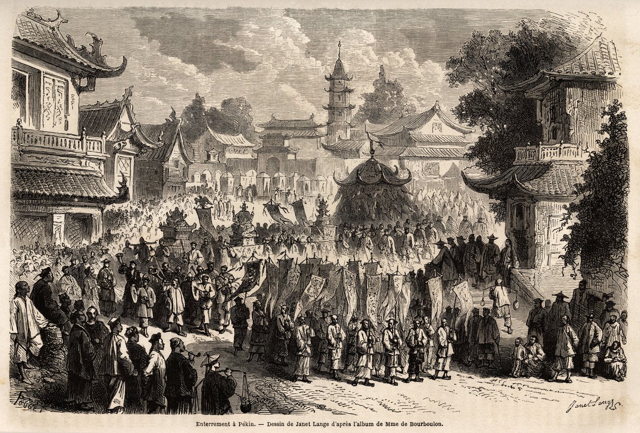 Ein Begräbnis in Peking, in der ersten Reihe des Zuges, die Banner mit Lobinschriften voran, gefolgt von einer Musikertruppe, dann die Mönche, die die Statuen der Gottheiten tragen, vor dem Sarg auf einem riesigen Katafalk, bedeckt mit Seidendraperien von Ange Louis Janet