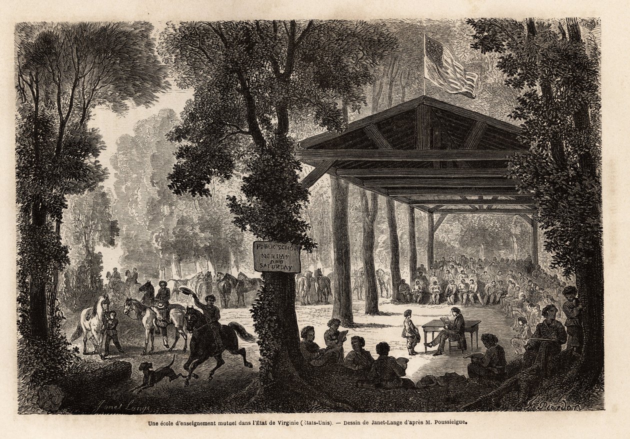 Eine Schule der gegenseitigen Erziehung, in einem Wald von Virginia (Vereinigte Staaten), Zeichnung von Janet Lange, zur Illustration eines Besuchs der Mammuthöhle in Kentucky im Jahr 1859 von M. Pousselgue. Gravur in „Le tour du monde“, herausgegeben von  von Ange Louis Janet
