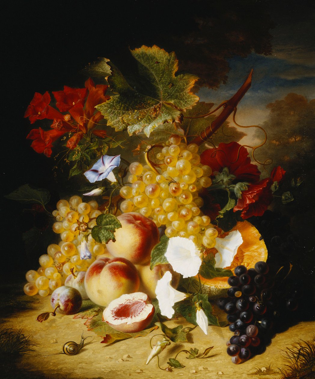 Pfirsiche, Trauben, eine Melone, Winden und andere Blumen in einer Landschaft von Ange Louis Guillaume Lesourd Beauregard