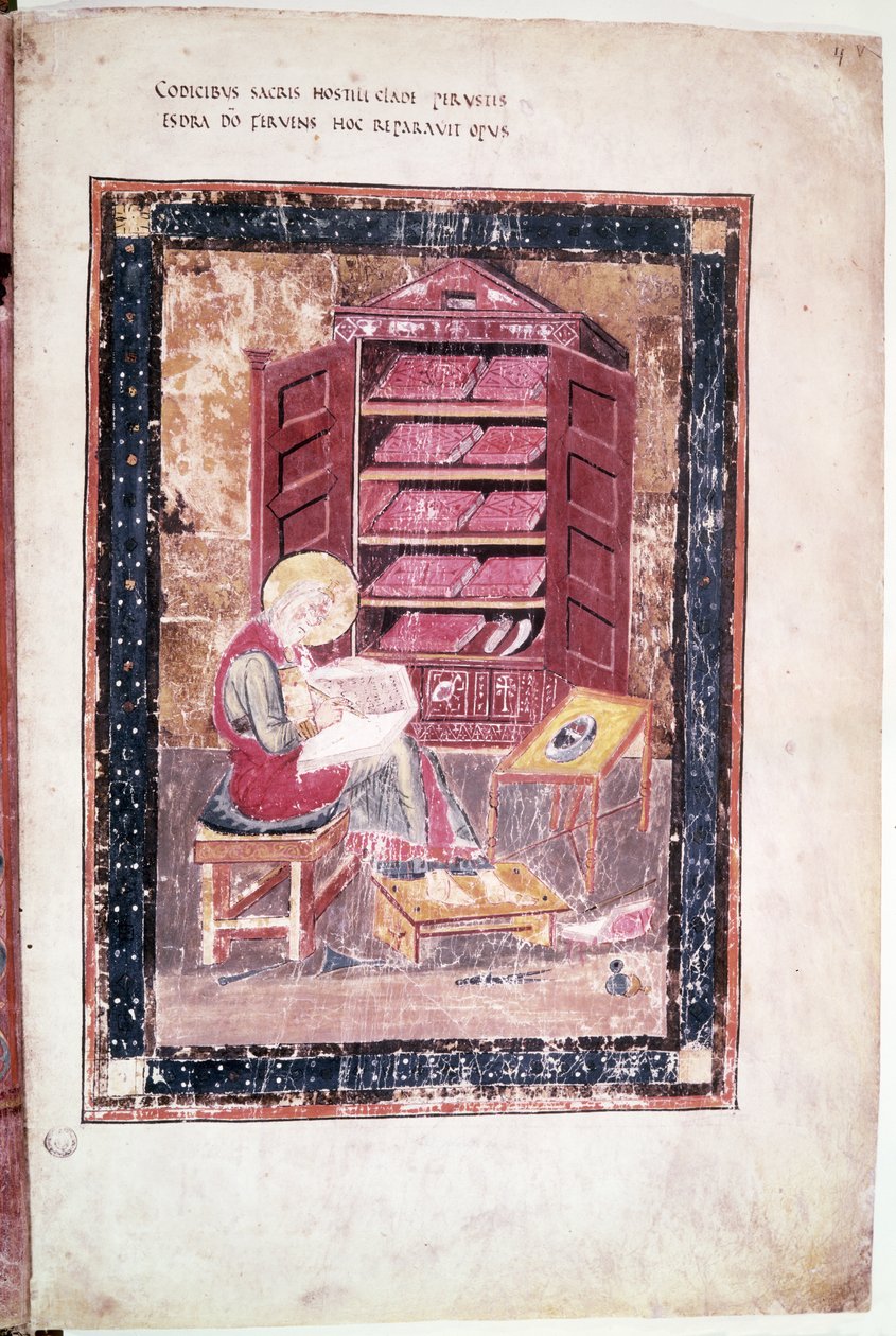 Ms 1 f.vr Esra schreibt die heiligen Bücher aus dem Gedächtnis im Jahr 458 v. Chr., aus dem Codex Amiatinus von Anglo Saxon