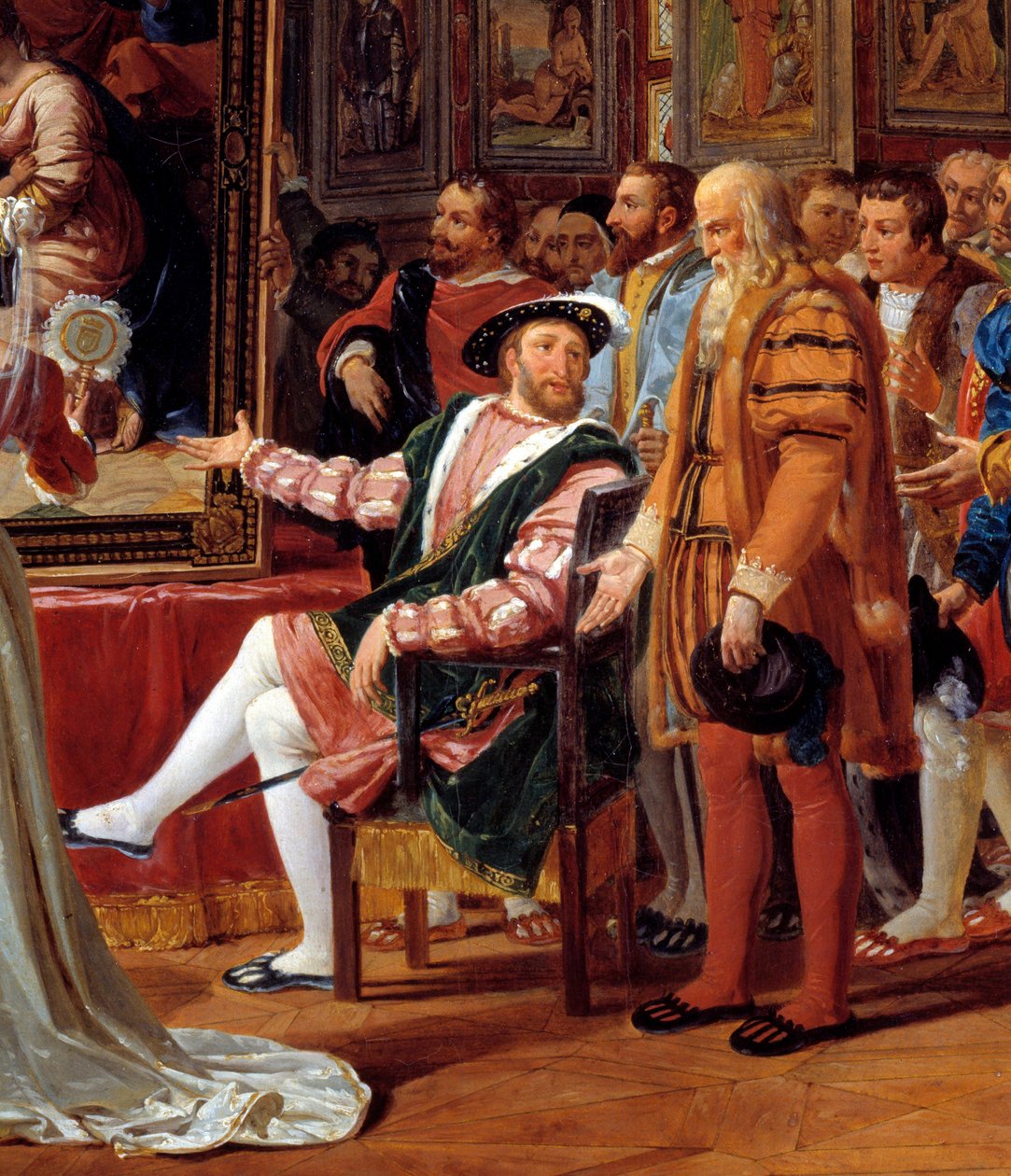 Detail des Gemäldes: Das Jahrhundert von François I.: François I., König von Frankreich, empfängt in Fontainebleau das Gemälde der Heiligen Familie, das ihm von Raffael aus Rom als Zeichen seiner Dankbarkeit geschickt wurde. von Anicet Charles Gabriel Lemonnier