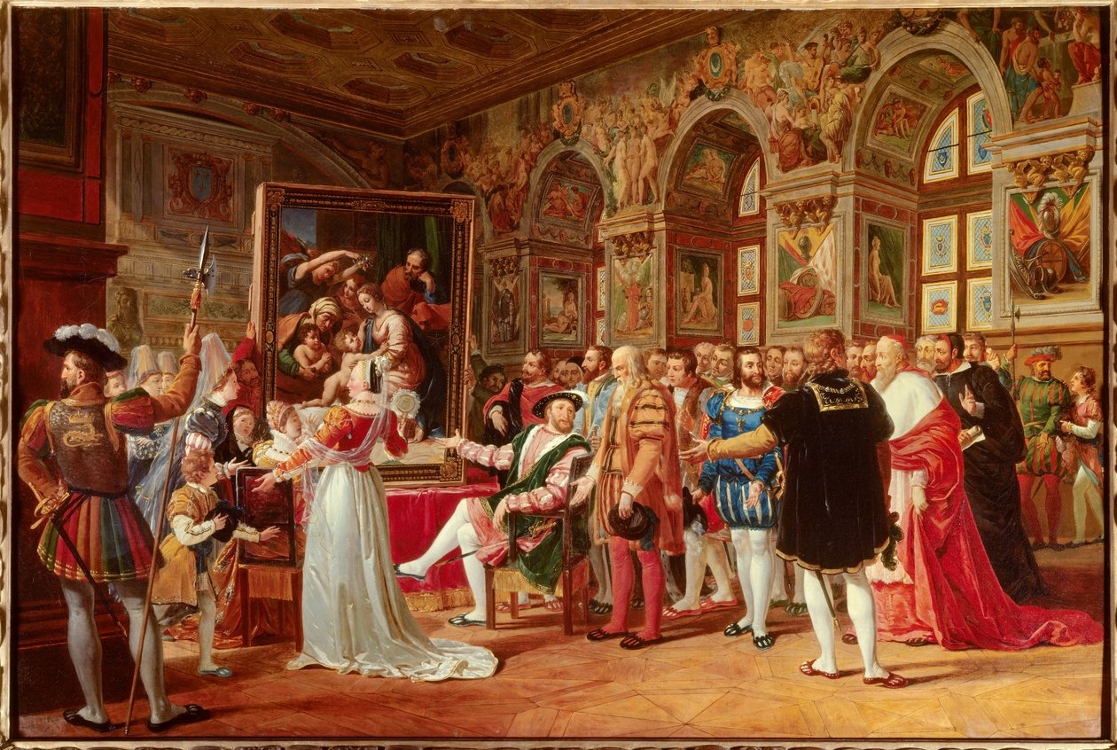 Das Jahrhundert von Franz I.: Franz I., König von Frankreich, erhielt das Gemälde der Heiligen Familie in Fontainebleau, das von Raphael aus Rom geschickt wurde. von Anicet Charles Gabriel Lemonnier