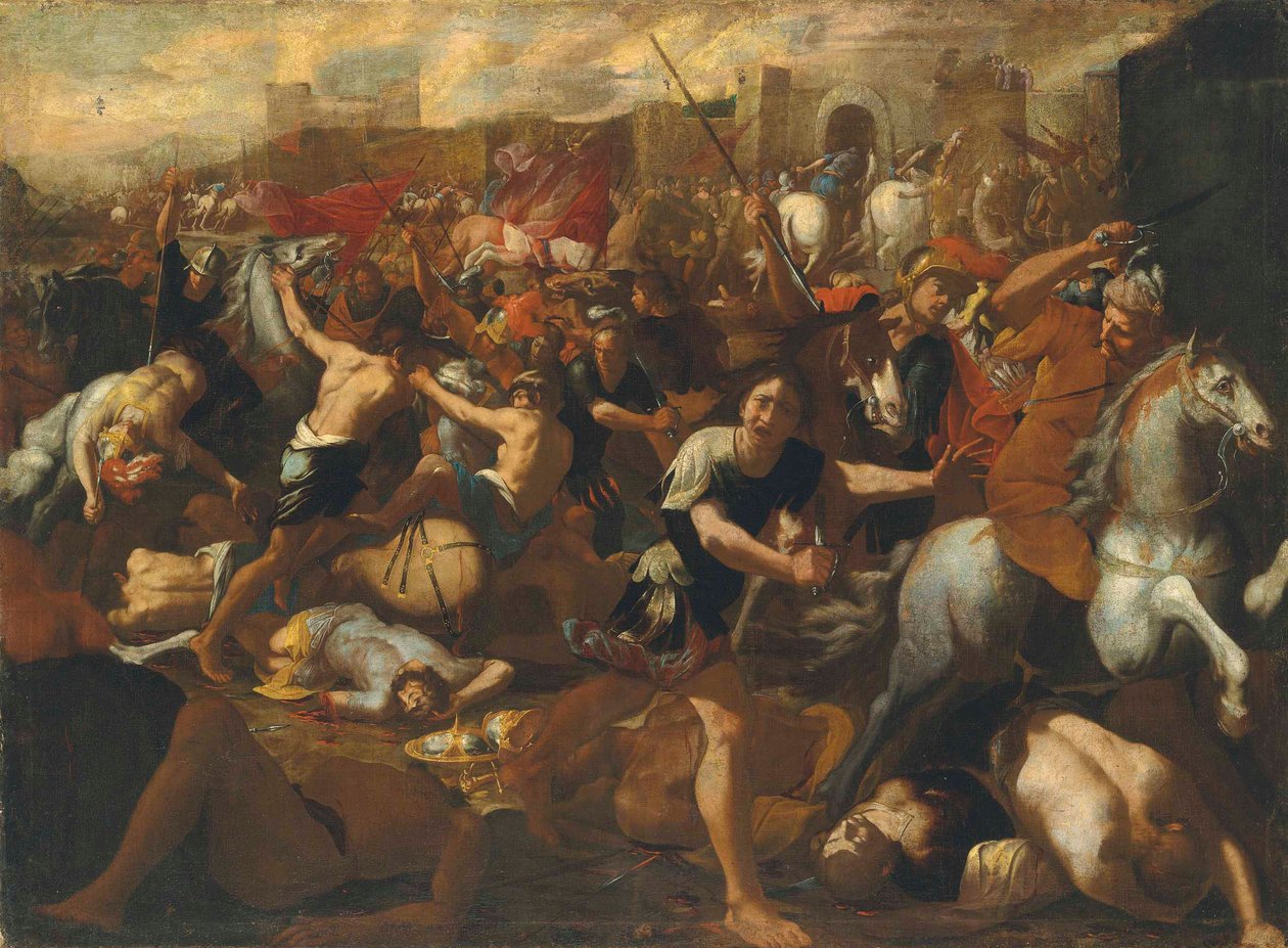 Die Schlacht zwischen den Israeliten und den Amalekitern, überwacht von Moses, dessen Arme von Aaron und Hur hochgehalten werden von Aniello Falcone