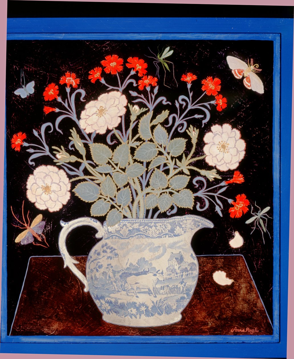 Blauer Krug und rote Nelken von Anna Pugh