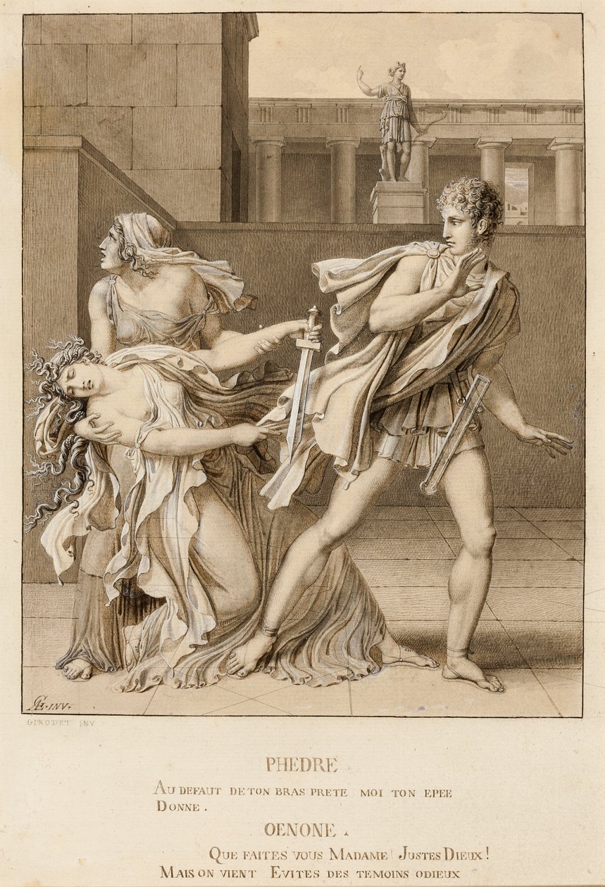 Phaedra, nachdem sie ihre Leidenschaft erklärt hat, versucht sich mit dem Schwert des Hippolytus zu töten von Anne-Louis Girodet de Roucy-Trioson