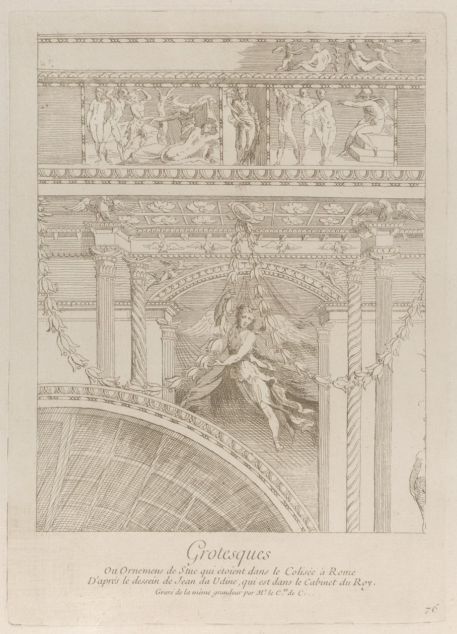 Grotesken: Detail der Stuckreliefs, die das Kolosseum in Rom schmücken, mit einem Flügel..., ca. 1729 von Anne Claude Philippe de Caylus