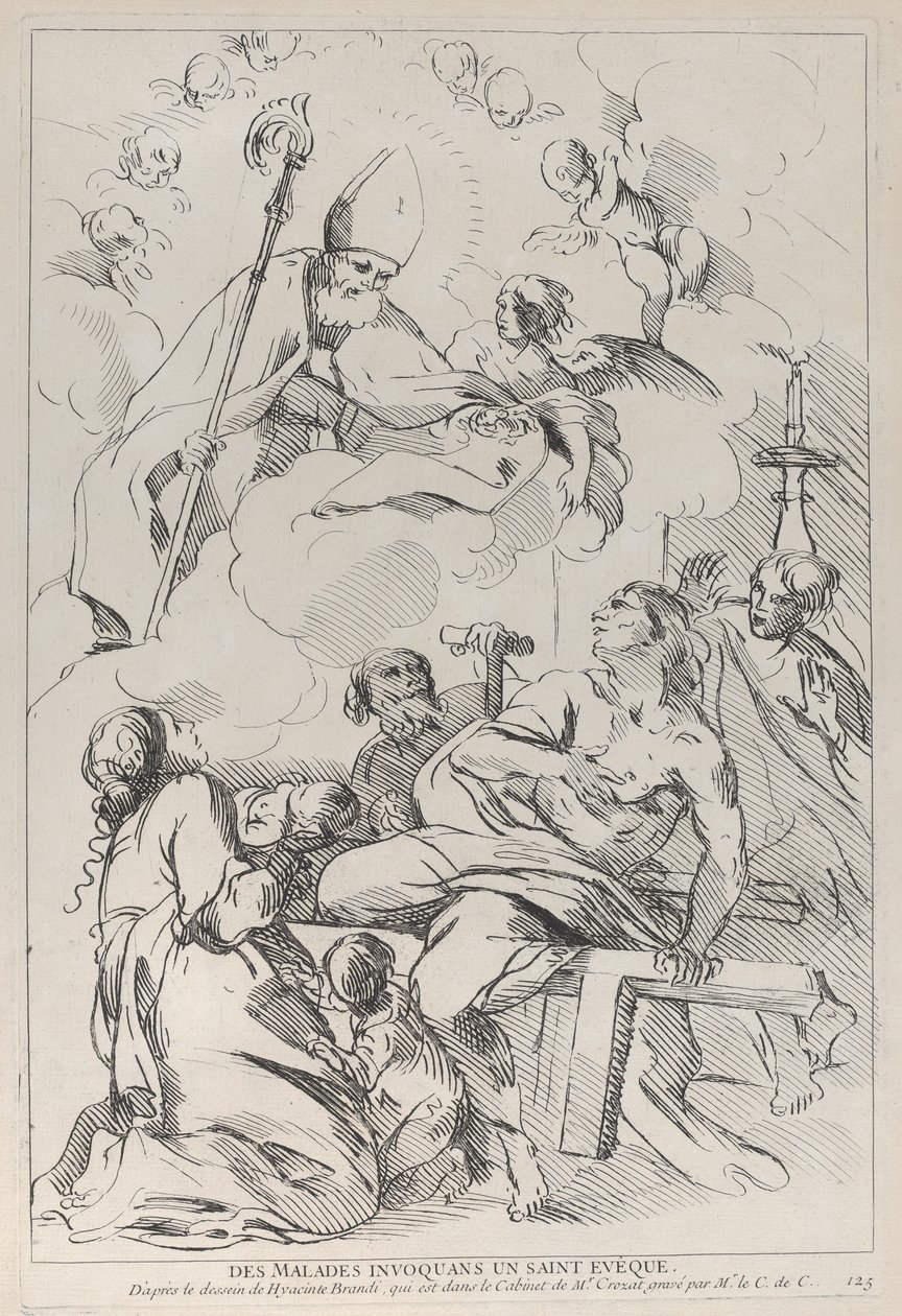 Kranke Menschen rufen einen Bischofsheiligen, der oben links erscheint, 1729-40 von Anne Claude Philippe de Caylus