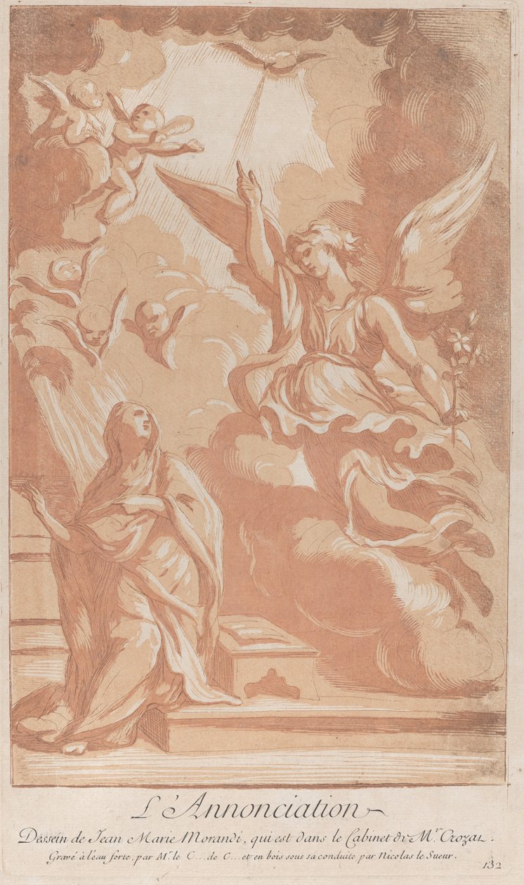 Die Verkündigung mit der knienden Jungfrau links und Gabriel rechts von Anne Claude Philippe de Caylus