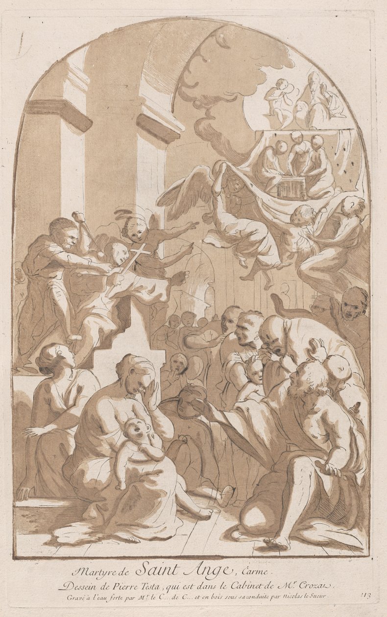 Das Martyrium des heiligen Angelo, der oben links erstochen wird, beobachtet von entsetzten..., 1729-64 von Anne Claude Philippe de Caylus