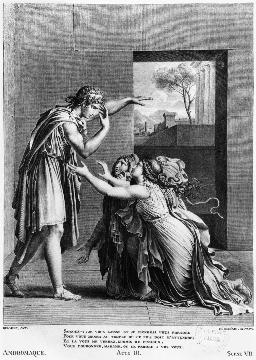 Andromache zu Füßen von Pyrrhus, Illustration aus Akt III Szene 7 von 