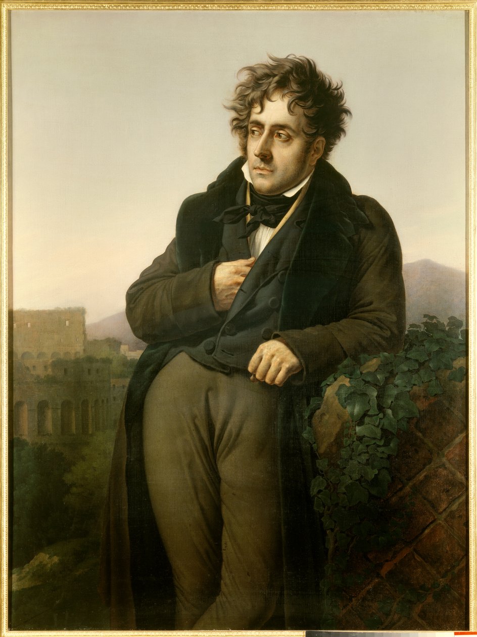 Porträt von Francois Rene, Vicomte von Chateaubriand (1768-1848), meditierend vor den Ruinen Roms mit Blick auf das Kolosseum von Anne Louis Girodet de Roucy Trioson