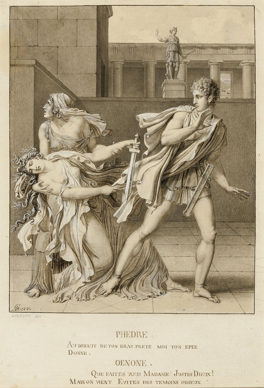 Phaedra, nachdem sie ihre Leidenschaft erklärt hat, versucht sich mit dem Schwert des Hippolytus zu töten von Anne Louis Girodet de Roussy Trioson