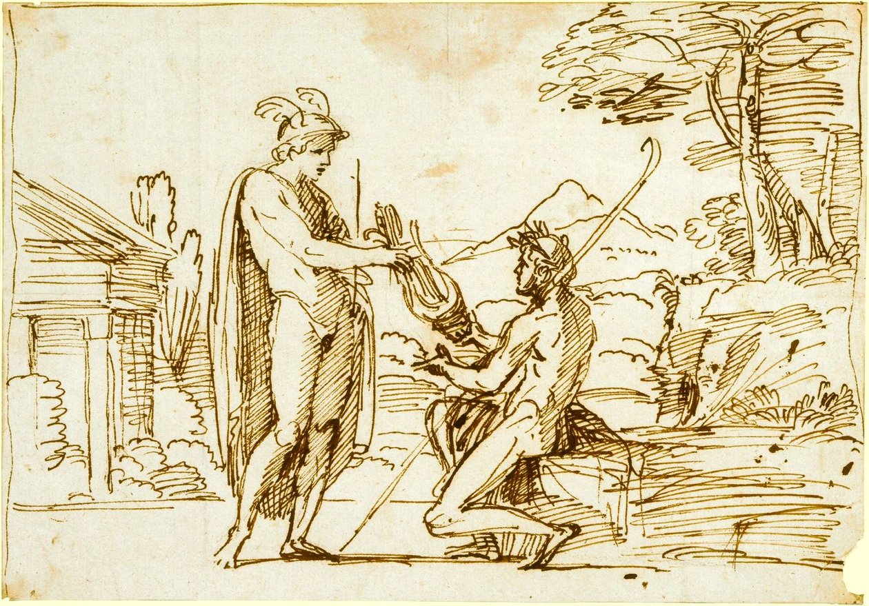 Apollo erhält die Leier von Merkur (Studie für die Farnese-Galerie) von Annibale Carracci
