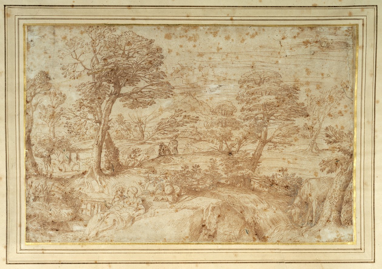 Landschaft mit der Rast auf der Flucht nach Ägypten, nach Annibale Carracci von Annibale (studio of) Carracci