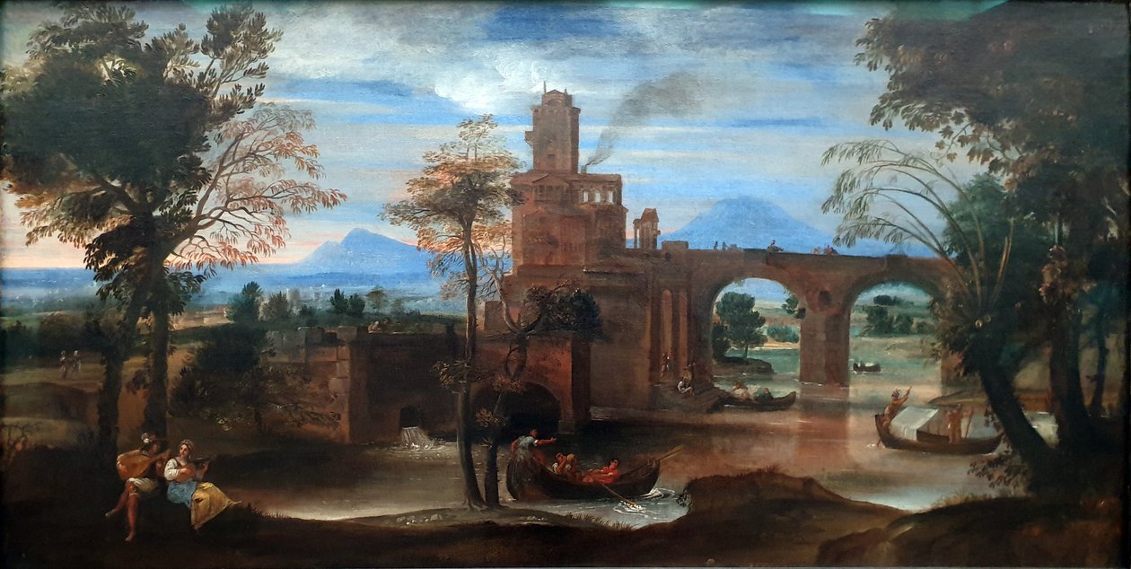 Römische Flusslandschaft mit Festung und Brücke von Annibale Carracci