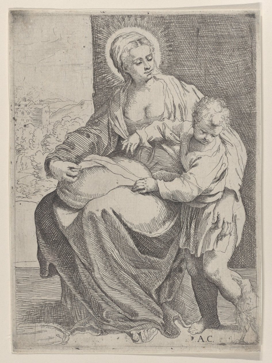 Die Jungfrau sitzt und hält ein Kissen auf ihrem Schoß mit dem jungen Christus, der rechts steht..., 1580-1600 von Annibale Carracci