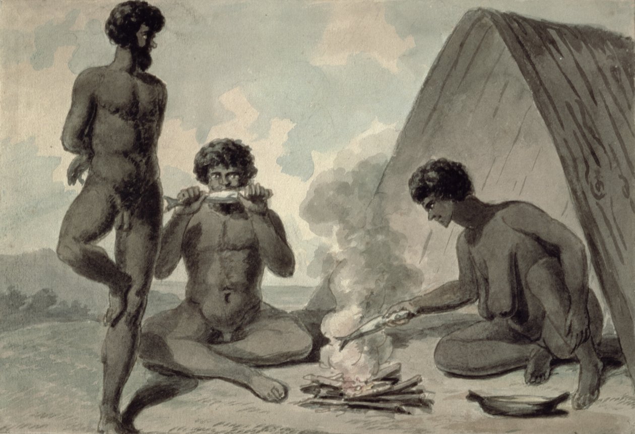 Aborigines essen Fisch vor einem Lagerfeuer, möglicherweise von Philip Gidley King (1758-1808) von Unbekannt Unbekannt