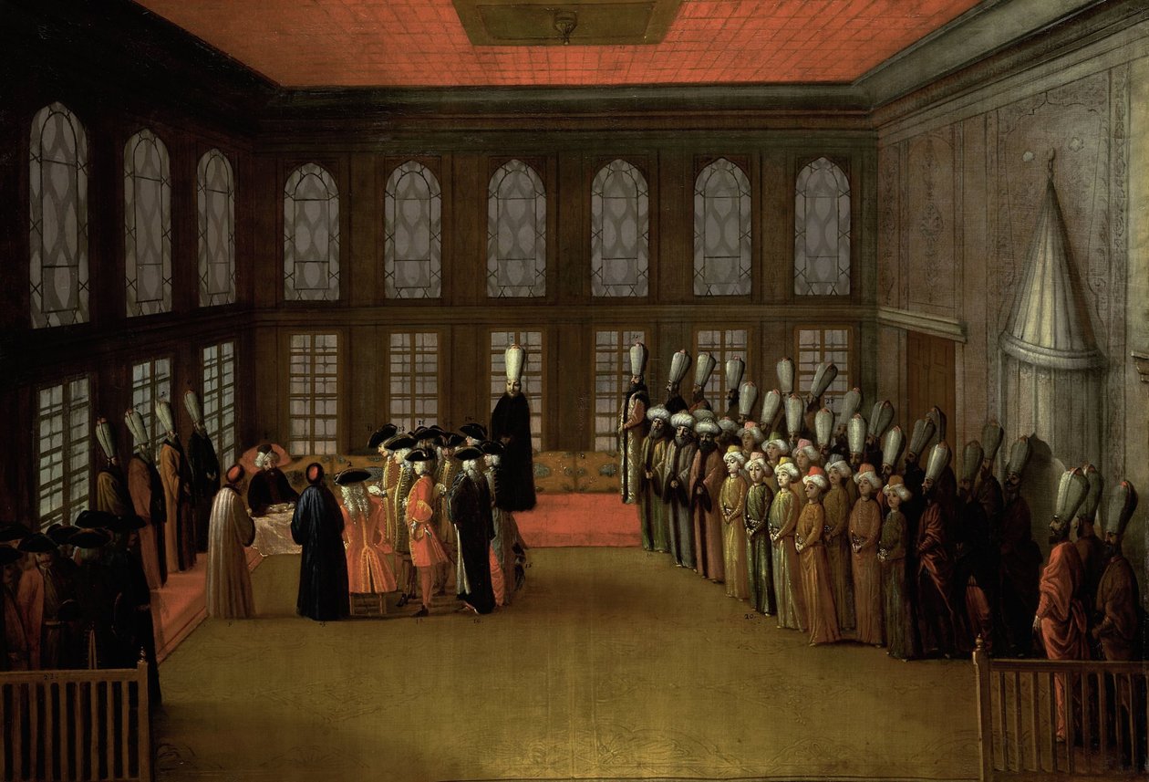 Ein Botschafter bei einer Audienz mit dem Großwesir in seinem Yali am Bosporus (Botschafter Cornelis Calkoen, 12. August 1727) von Anonymous