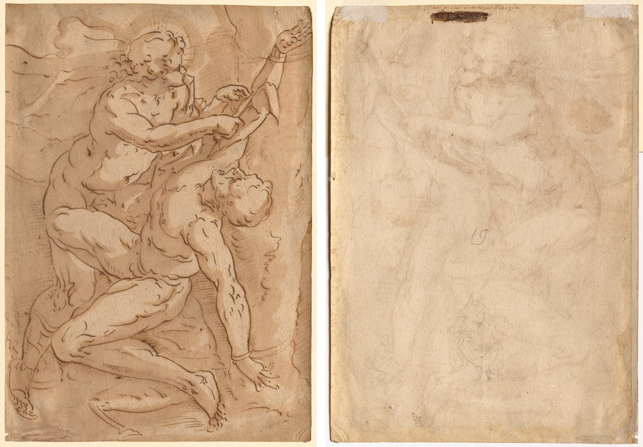 Apollo häutet Marsyas (recto) Zwei Skizzen einer Mutter und eines Kindes (verso) von Anonymous