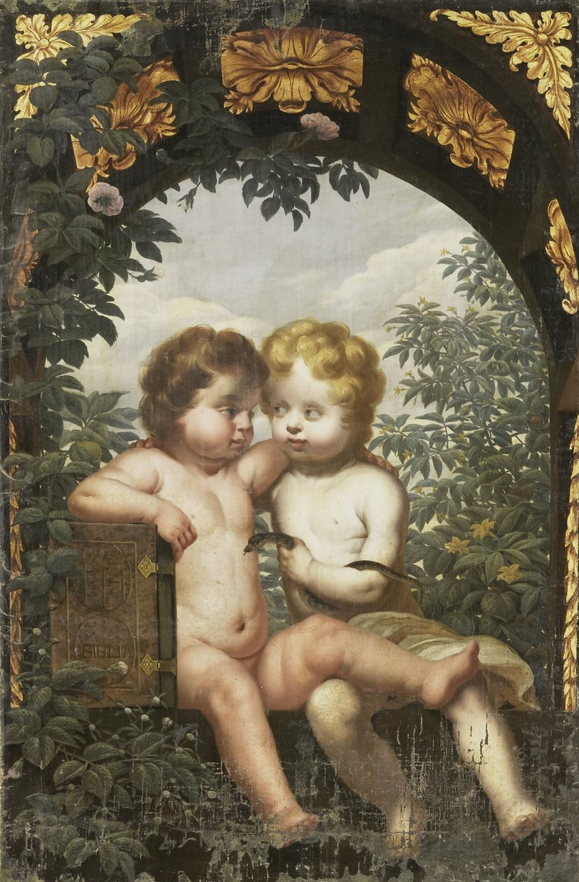 Christliche Allegorie mit zwei Kindern mit einer Bibel und einer Schlange von Anonymous