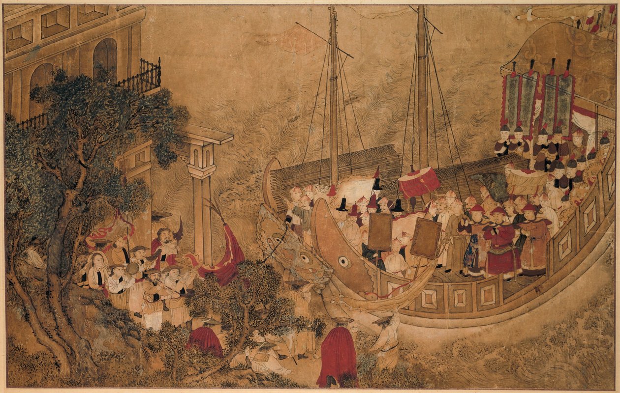 Ein chinesisches Schiff legt an einem europäischen Gebäude an von Anonymous