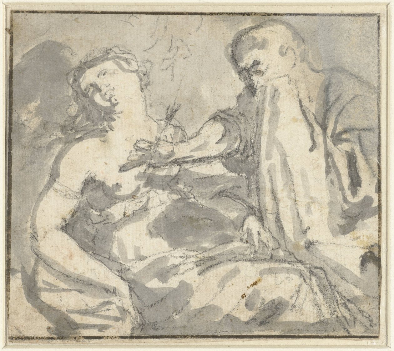 Ein Mann entfernt einen Pfeil aus der Brust einer Frau (Cephalus und Procris?) von Anonymous